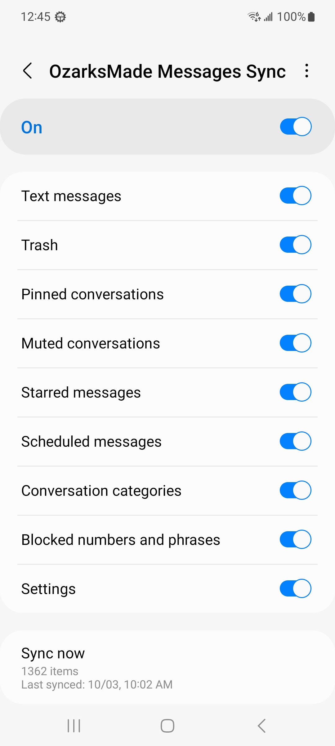 The Sync with OzarksMade Cloud screen with every category turned on and a recent sync