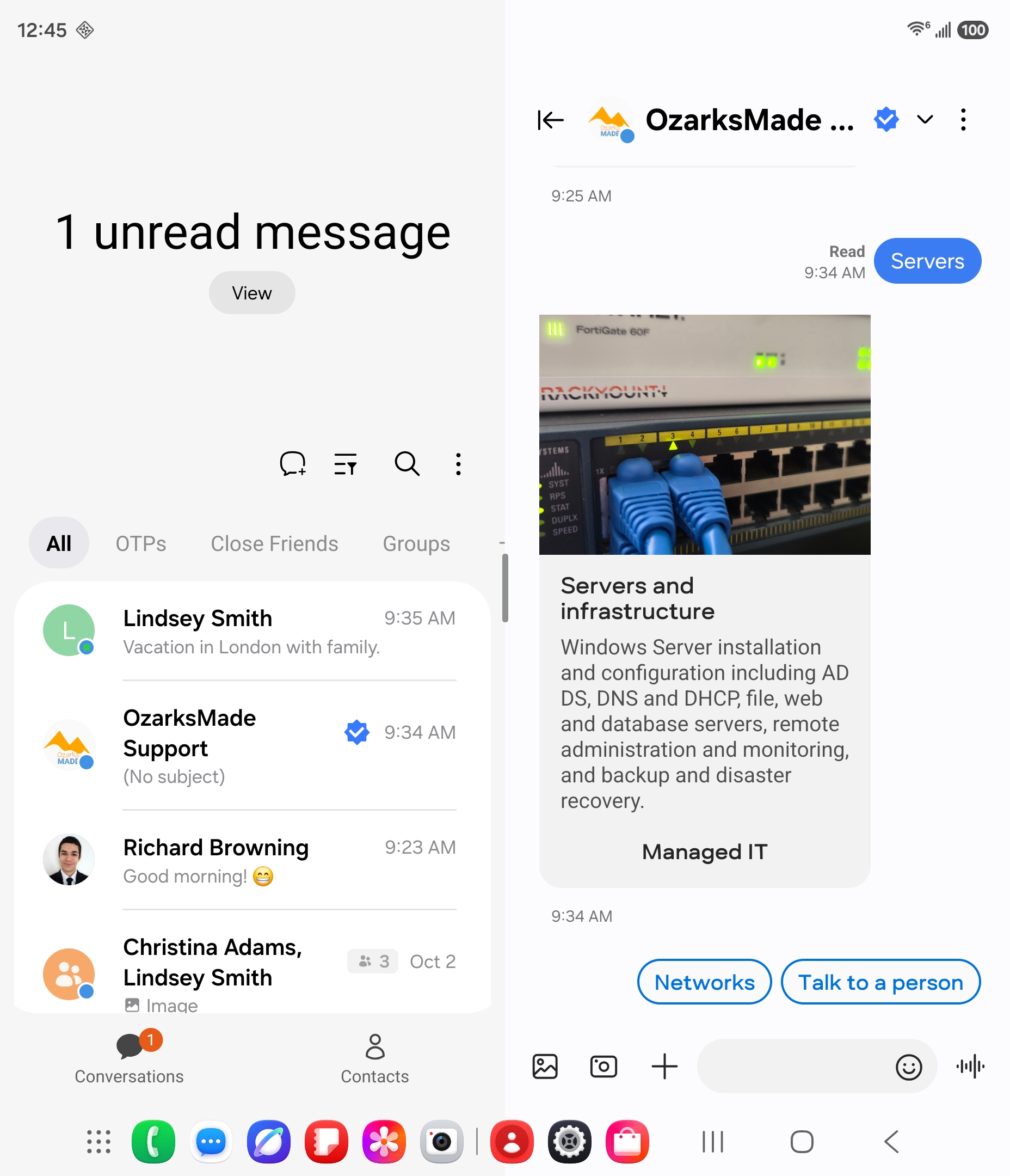 A verified business conversation on an opened Galaxy Z Fold, with suggested replies