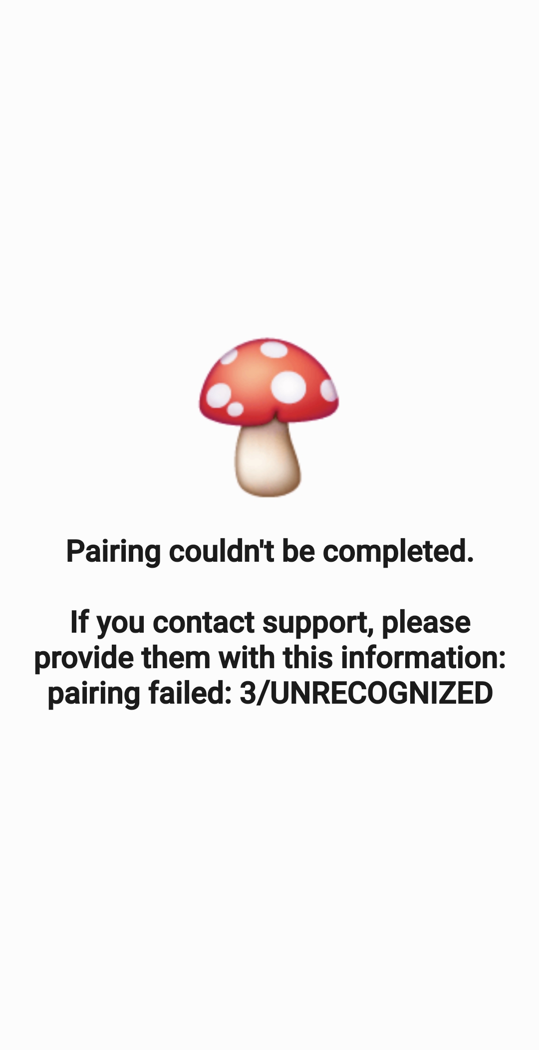 The pairing screen in Messages by OzarksMade showing pairing fail with the 3/UNRECOGNIZED error