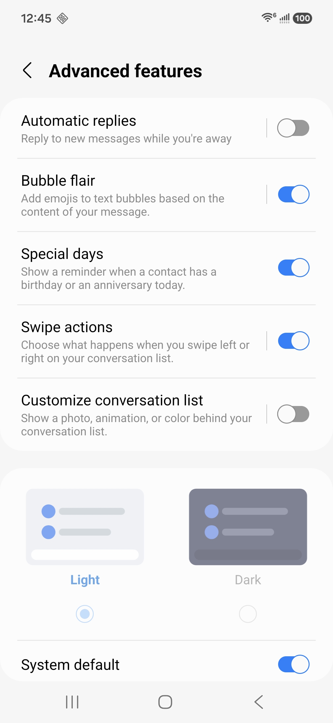 The Advanced features screen
