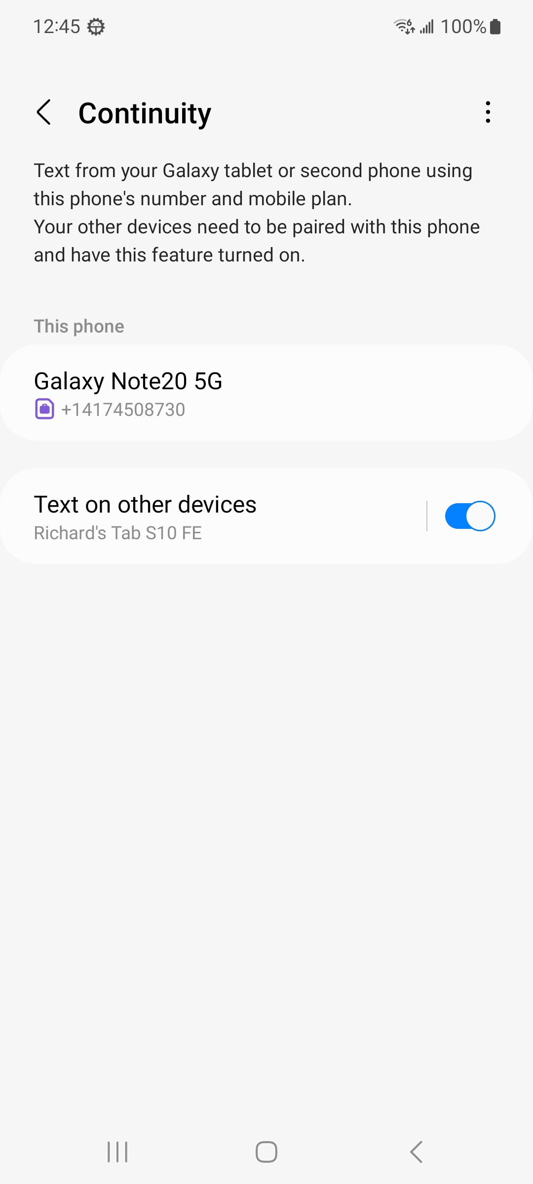 The Continuity screen on a phone, with texting on other devices turned on