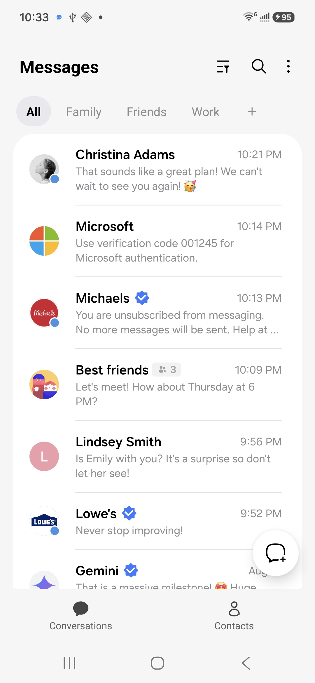 The Messages conversation list in One UI style