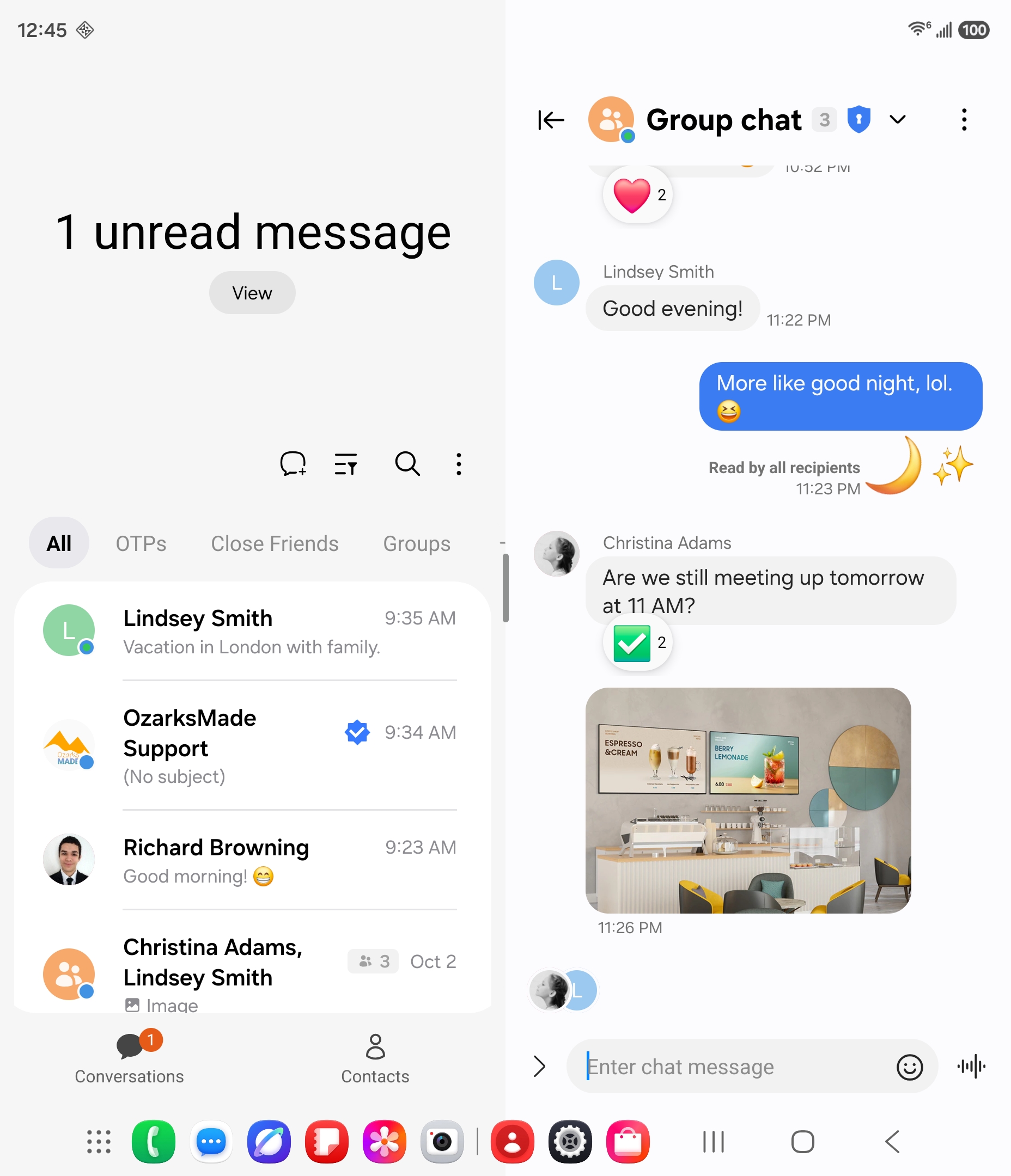 A Galaxy Z Fold6 opened, showing the conversation list beside an OzarksMade RCS group chat