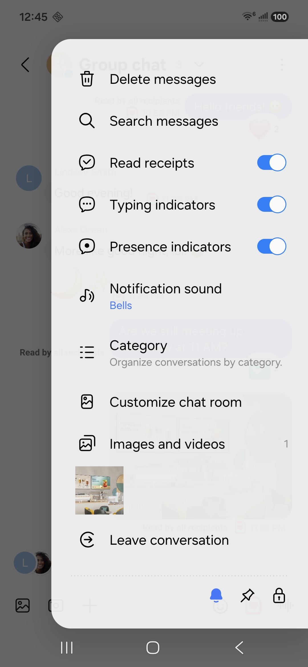 A group chat's details panel with shared images, notification sound, pin, mute and lock