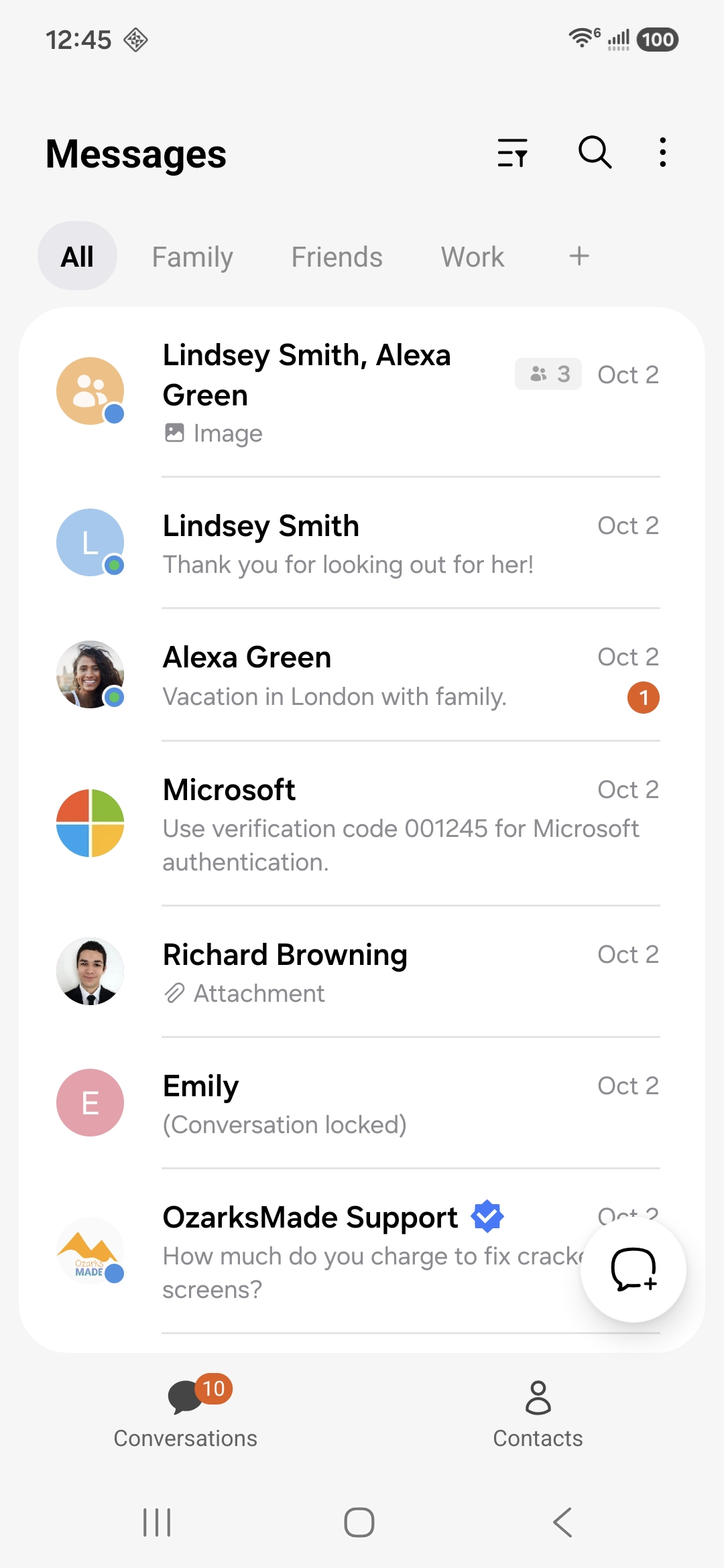 The Messages conversation list in One UI style, mixing chat, text and group conversations