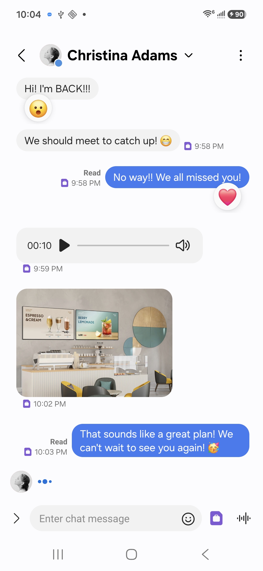An RCS conversation with blue bubbles and read receipts