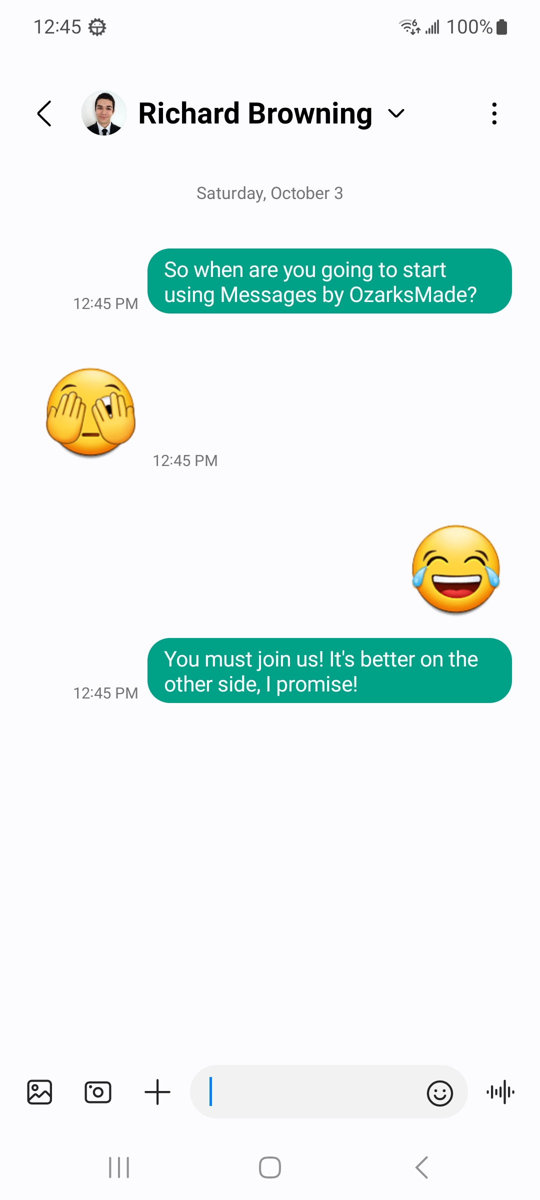 A green text message conversation