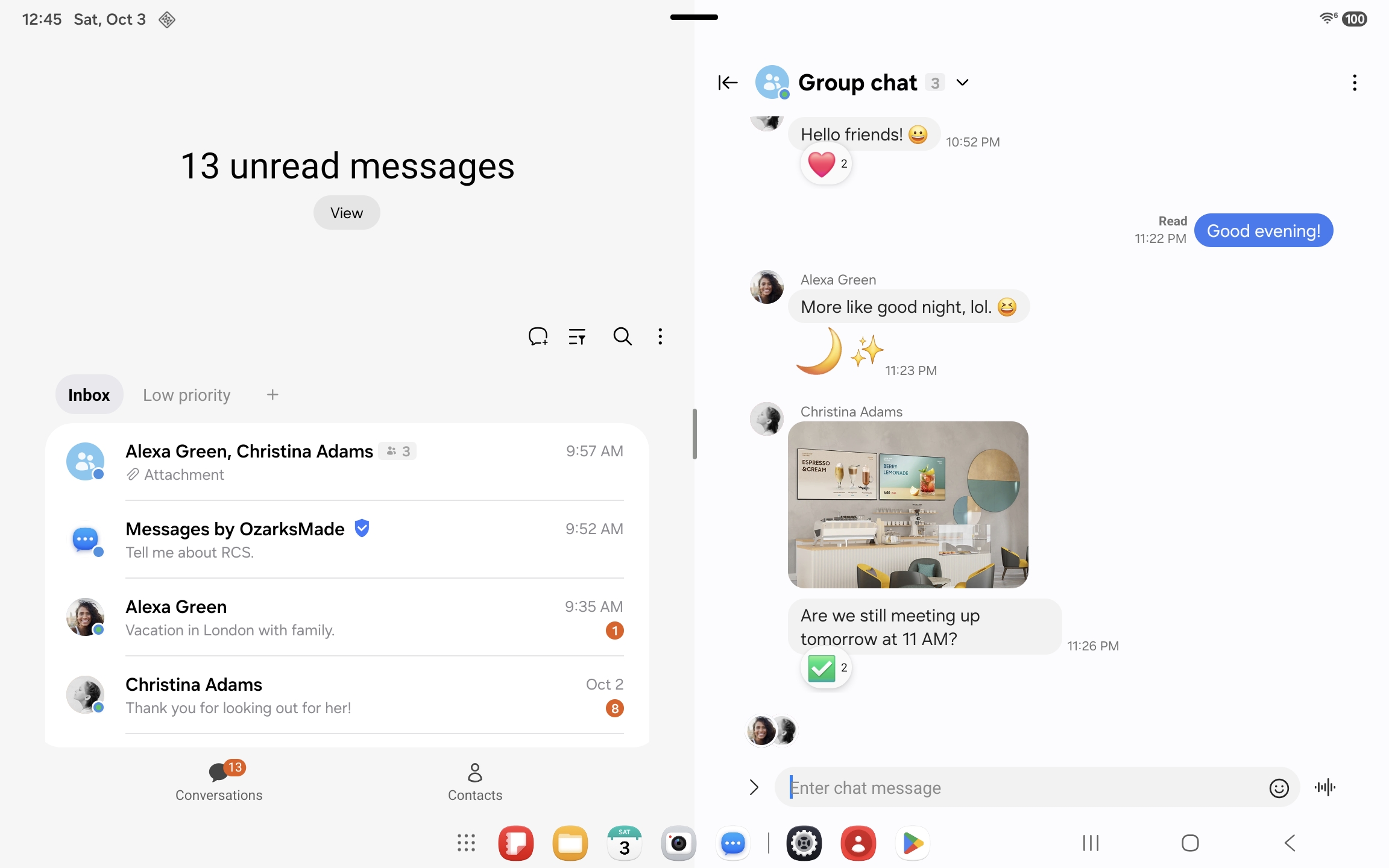 A Galaxy Tab showing the conversation list and a group chat side by side