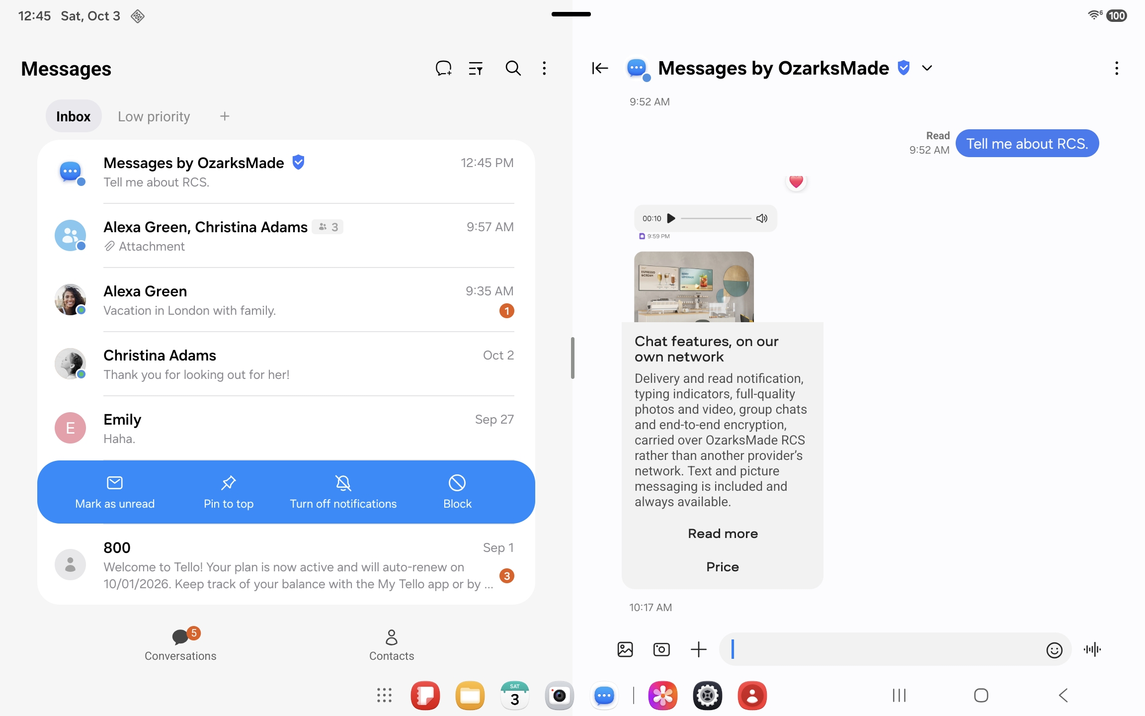 A conversation row mid-swipe, revealing its actions beside an open chatbot conversation